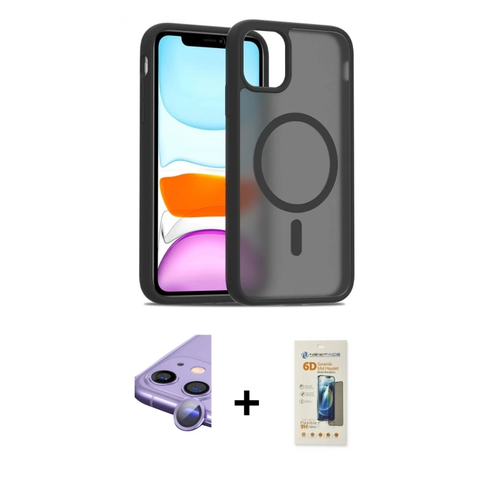 MARSİLYAN™- iPhone 11 Kılıf Siluet Minimal Prime - Siyah 6D Mat Seramik Hayalet Nano Ekran Koruyucu + Raze Metal Kamera Lens - MR