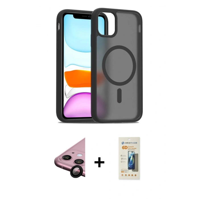 MARSİLYAN™- iPhone 11 Kılıf Siluet Minimal Prime - Siyah 6D Mat Seramik Hayalet Nano Ekran Koruyucu + Raze Metal Kamera Lens - SH
