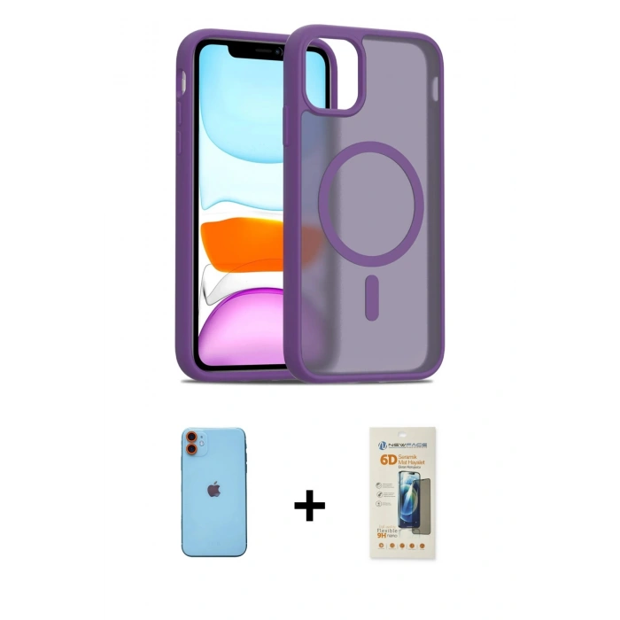 MARSİLYAN™- iPhone 11 Kılıf Siluet Minimal Prime - Siyah 6D Mat Seramik Hayalet Nano Ekran Koruyucu + Neon Fosforlu Kamera Lens - TU