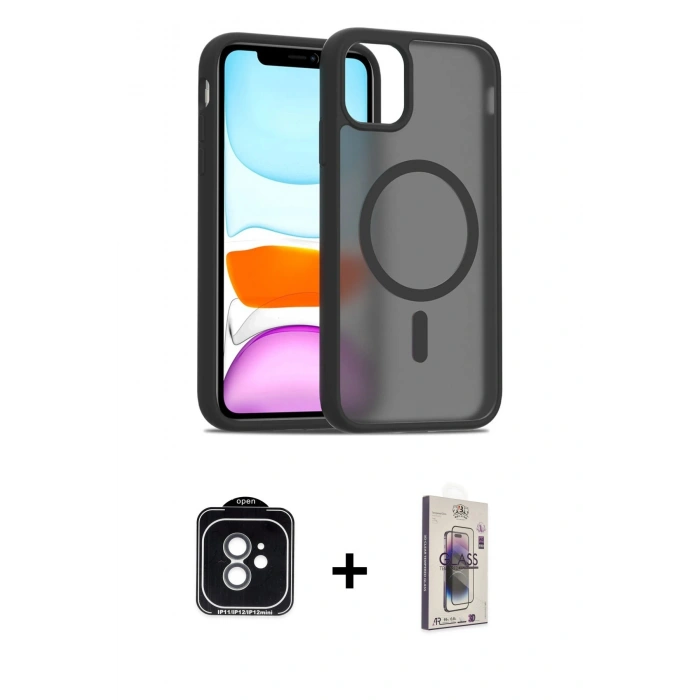 MARSİLYAN™- iPhone 11 Kılıf Siluet Minimal Prime - Siyah Bilvis 3D Cam Ekran Koruyucu + PVD Metal Kamera Lens - YL