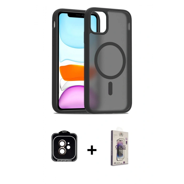 MARSİLYAN™- iPhone 11 Kılıf Siluet Minimal Prime - Siyah Bilvis 3D Cam Ekran Koruyucu + PVD Metal Kamera Lens - TU