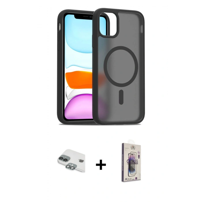 MARSİLYAN™- iPhone 11 Kılıf Siluet Minimal Prime - Siyah Bilvis 3D Cam Ekran Koruyucu + Pers Alüminyum Kamera Lens - YL