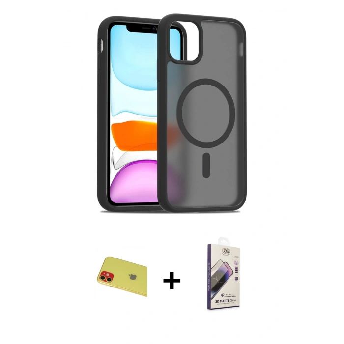 MARSİLYAN™- iPhone 11 Kılıf Siluet Minimal Prime - Siyah Bilvis 3D Mat Cam Ekran Koruyucu + Rainbow Kamera Lens Koruma Cam - KI