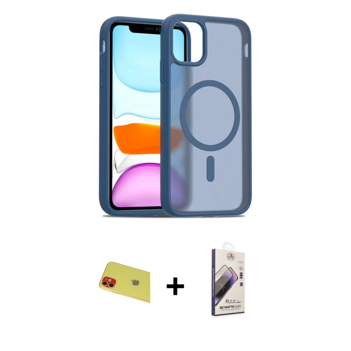 MARSİLYAN™- iPhone 11 Kılıf Siluet Minimal Prime - Siyah Bilvis 3D Mat Cam Ekran Koruyucu + Rainbow Kamera Lens Koruma Cam - KI