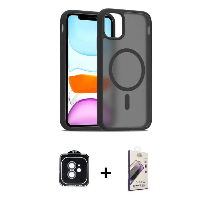 MARSİLYAN™- iPhone 11 Kılıf Siluet Minimal Prime - Siyah Bilvis 3D Mat Cam Ekran Koruyucu + PVD Metal Kamera Lens - MI