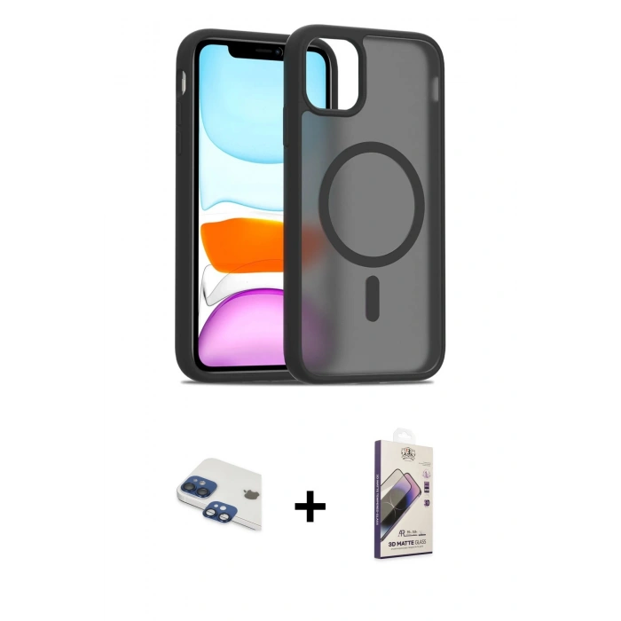 MARSİLYAN™- iPhone 11 Kılıf Siluet Minimal Prime - Siyah Bilvis 3D Mat Cam Ekran Koruyucu + Pers Alüminyum Kamera Lens - LT