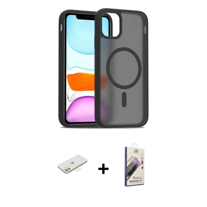 MARSİLYAN™- iPhone 11 Kılıf Siluet Minimal Prime - Siyah Bilvis 3D Mat Cam Ekran Koruyucu + Renkli Kamera Lens Koruma Cam - SI