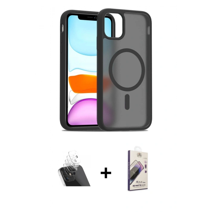 MARSİLYAN™- iPhone 11 Kılıf Siluet Minimal Prime - Siyah Bilvis 3D Mat Cam Ekran Koruyucu + Şeffaf Kamera Lens Koruma Cam
