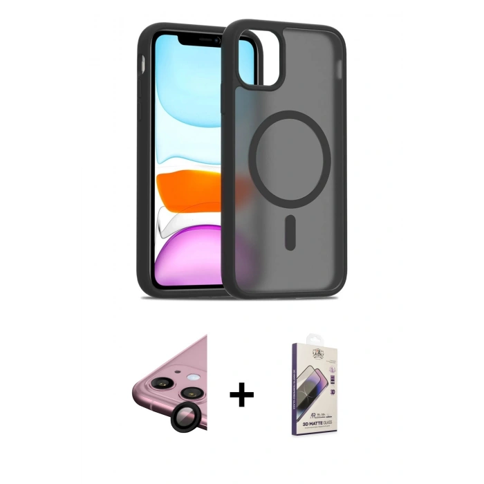 MARSİLYAN™- iPhone 11 Kılıf Siluet Minimal Prime - Siyah Bilvis 3D Mat Cam Ekran Koruyucu + Raze Metal Kamera Lens - SH