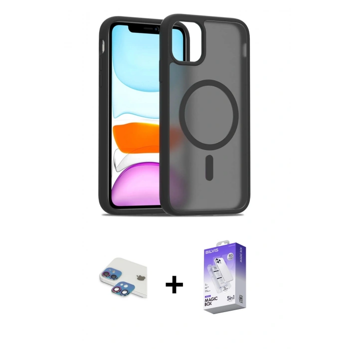 MARSİLYAN™- iPhone 11 Kılıf Siluet Minimal Prime - Siyah Bilvis 5in1 3D Magic Cam Ekran Koruyucu + Pers Alüminyum Kamera Lens - GI