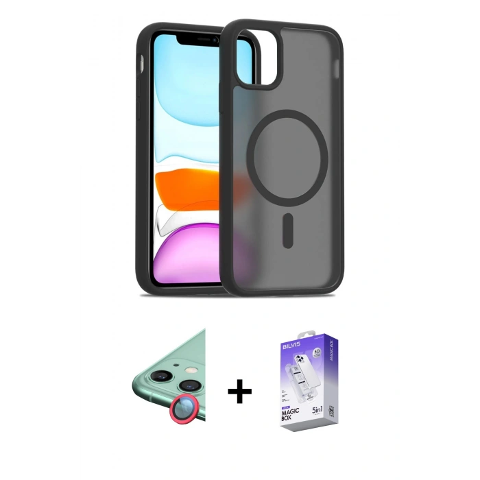 MARSİLYAN™- iPhone 11 Kılıf Siluet Minimal Prime - Siyah Bilvis 5in1 3D Magic Cam Ekran Koruyucu + Kırmızı Raze Metal Kamera Lens