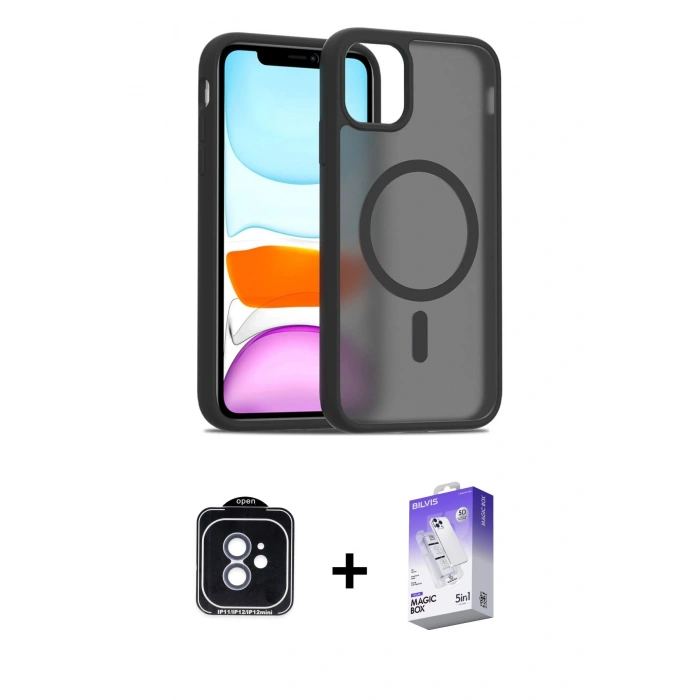 MARSİLYAN™- iPhone 11 Kılıf Siluet Minimal Prime - Siyah Bilvis 5in1 3D Magic Cam Ekran Koruyucu + Mavi PVD Metal Kamera Lens