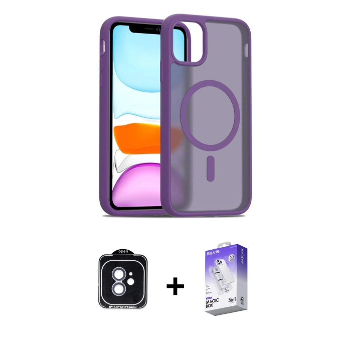 MARSİLYAN™- iPhone 11 Kılıf Siluet Minimal Prime - Siyah Bilvis 5in1 3D Magic Cam Ekran Koruyucu + Mavi PVD Metal Kamera Lens