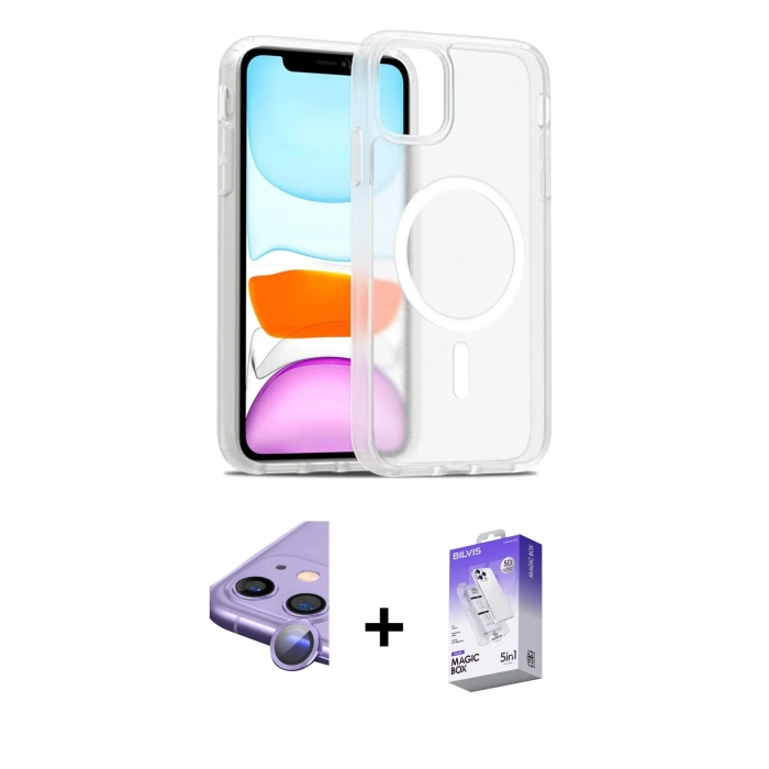 MARSİLYAN™- iPhone 11 Kılıf Siluet Minimal Prime - Siyah Bilvis 5in1 3D Magic Cam Ekran Koruyucu + Raze Metal Kamera Lens - MR