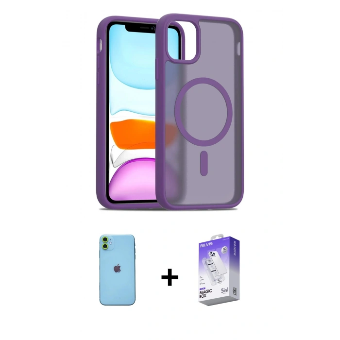MARSİLYAN™- iPhone 11 Kılıf Siluet Minimal Prime - Siyah Bilvis 5in1 3D Magic Cam Ekran Koruyucu + Neon Fosforlu Kamera Lens - YL