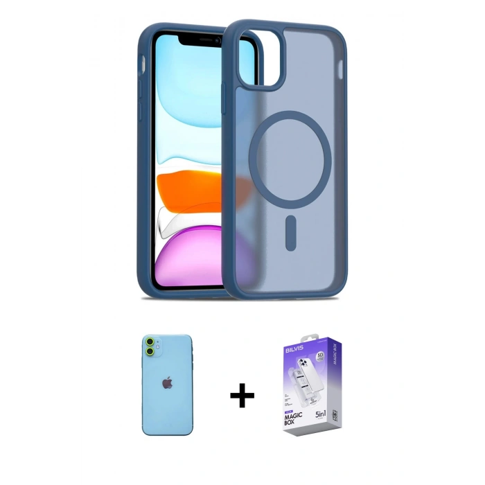 MARSİLYAN™- iPhone 11 Kılıf Siluet Minimal Prime - Siyah Bilvis 5in1 3D Magic Cam Ekran Koruyucu + Neon Fosforlu Kamera Lens - YL