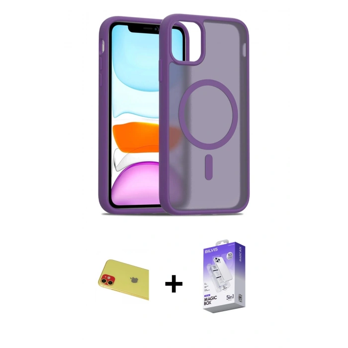 MARSİLYAN™- iPhone 11 Kılıf Siluet Minimal Prime - Siyah Bilvis 5in1 3D Magic Cam Ekran Koruyucu + Rainbow Kamera Lens Koruma Cam - KI