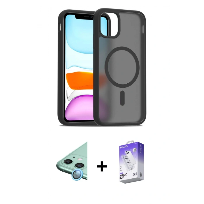 MARSİLYAN™- iPhone 11 Kılıf Siluet Minimal Prime - Siyah Bilvis 5in1 3D Magic Cam Ekran Koruyucu + Raze Metal Kamera Lens - MI