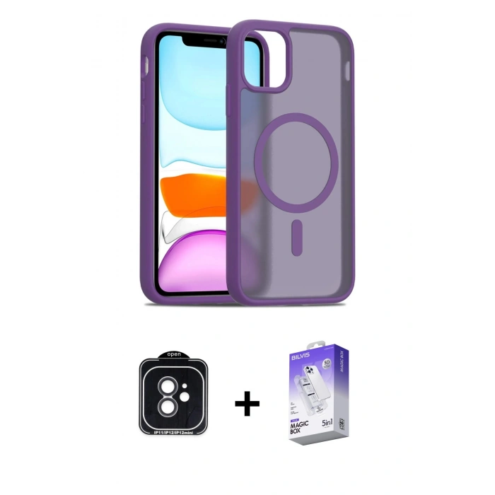 MARSİLYAN™- iPhone 11 Kılıf Siluet Minimal Prime - Siyah Bilvis 5in1 3D Magic Cam Ekran Koruyucu + Siyah PVD Metal Kamera Lens