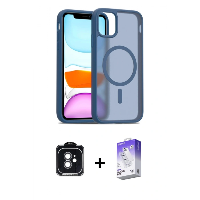 MARSİLYAN™- iPhone 11 Kılıf Siluet Minimal Prime - Siyah Bilvis 5in1 3D Magic Cam Ekran Koruyucu + Siyah PVD Metal Kamera Lens