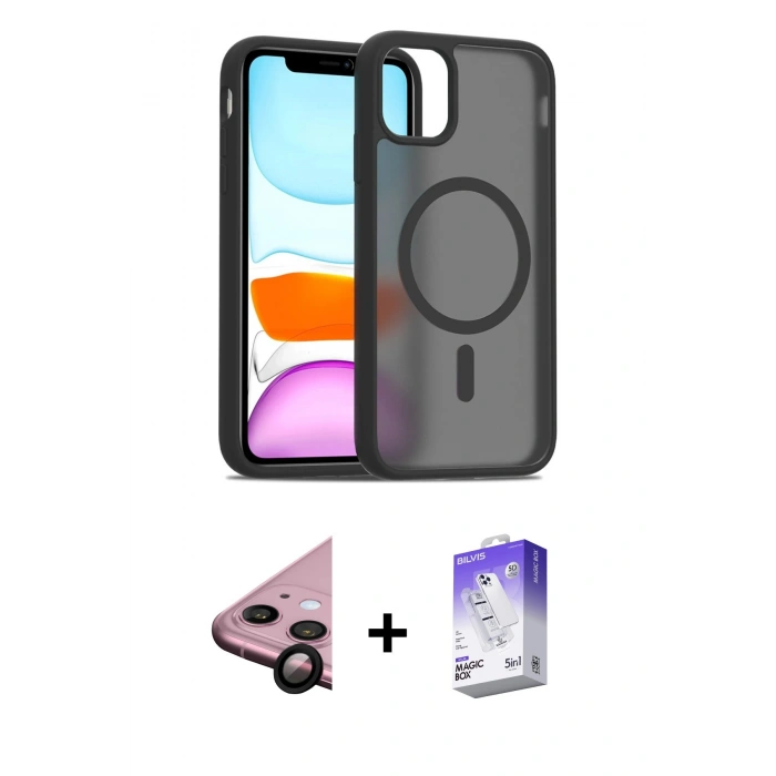 MARSİLYAN™- iPhone 11 Kılıf Siluet Minimal Prime - Siyah Bilvis 5in1 3D Magic Cam Ekran Koruyucu + Siyah Raze Metal Kamera Lens