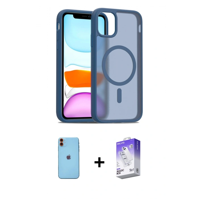 MARSİLYAN™- iPhone 11 Kılıf Siluet Minimal Prime - Siyah Bilvis 5in1 3D Magic Cam Ekran Koruyucu + Neon Fosforlu Kamera Lens - TU