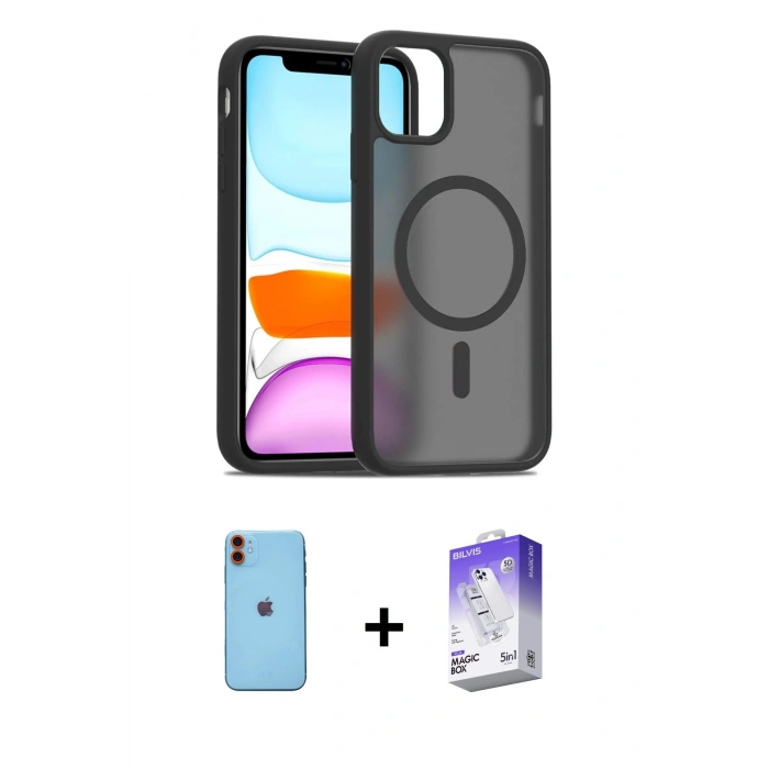 MARSİLYAN™- iPhone 11 Kılıf Siluet Minimal Prime - Siyah Bilvis 5in1 3D Magic Cam Ekran Koruyucu + Neon Fosforlu Kamera Lens - TU