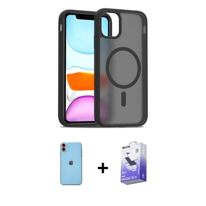 MARSİLYAN™- iPhone 11 Kılıf Siluet Minimal Prime - Siyah Bilvis 5in1 5D Magic Hayalet Cam Ekran Koruyucu + Turuncu Neon Fosforlu Kamera Lens