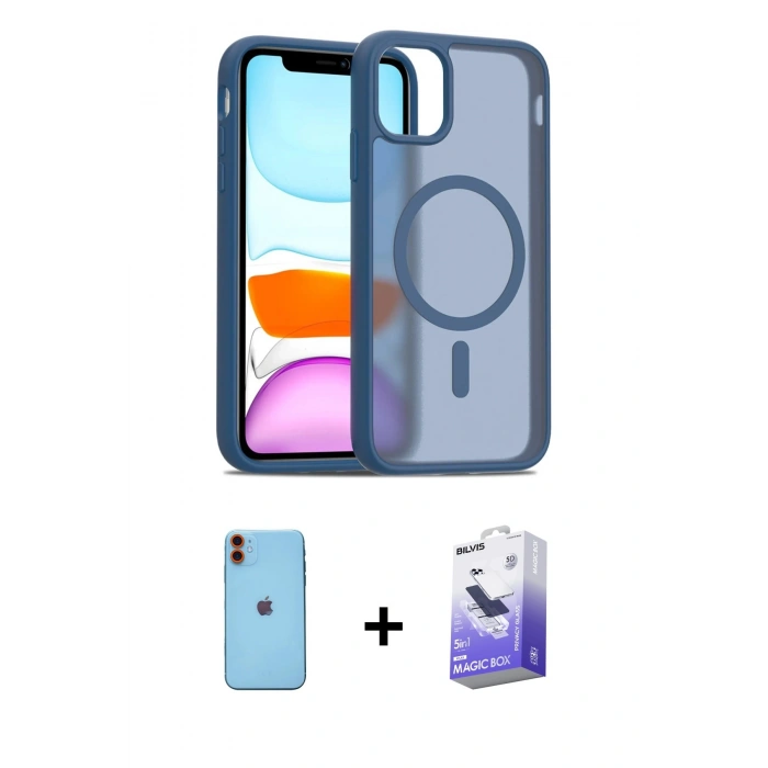 MARSİLYAN™- iPhone 11 Kılıf Siluet Minimal Prime - Siyah Bilvis 5in1 5D Magic Hayalet Cam Ekran Koruyucu + Turuncu Neon Fosforlu Kamera Lens