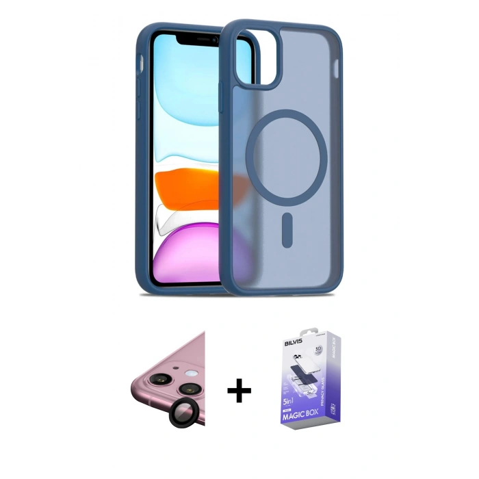 MARSİLYAN™- iPhone 11 Kılıf Siluet Minimal Prime - Siyah Bilvis 5in1 5D Magic Hayalet Cam Ekran Koruyucu + Siyah Raze Metal Kamera Lens