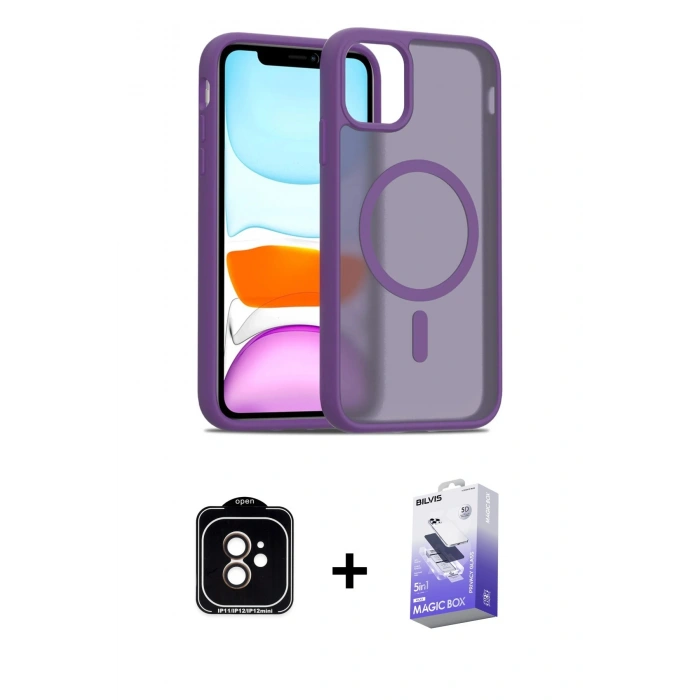 MARSİLYAN™- iPhone 11 Kılıf Siluet Minimal Prime - Siyah Bilvis 5in1 5D Magic Hayalet Cam Ekran Koruyucu + PVD Metal Kamera Lens - TU
