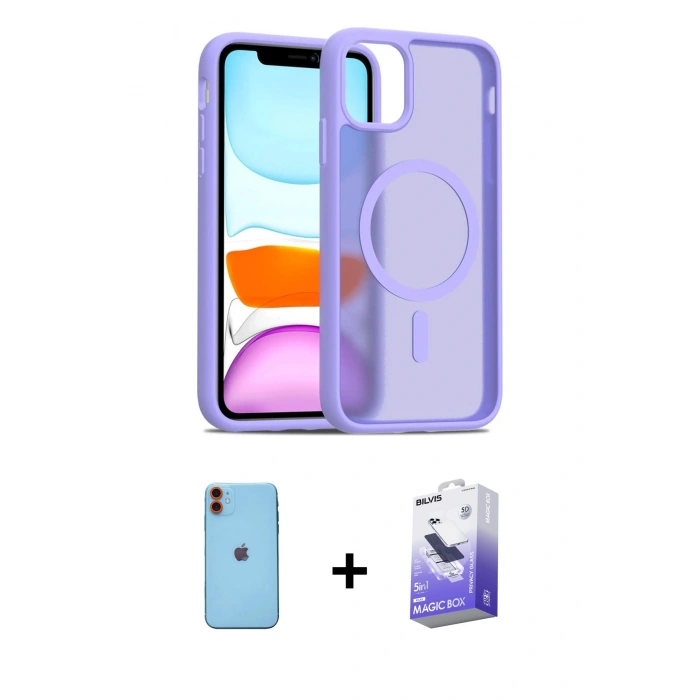 MARSİLYAN™- iPhone 11 Kılıf Siluet Minimal Prime - Siyah Bilvis 5in1 5D Magic Hayalet Cam Ekran Koruyucu + Turuncu Neon Fosforlu Kamera Lens