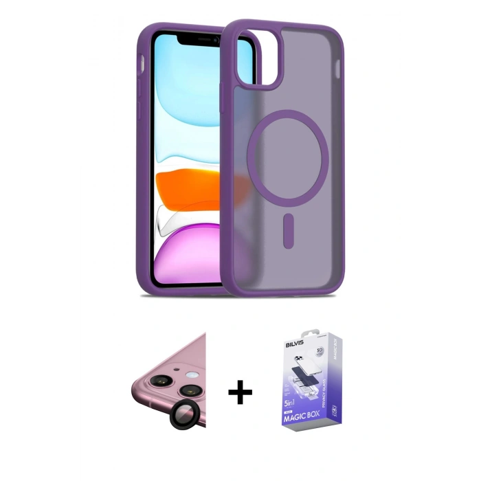 MARSİLYAN™- iPhone 11 Kılıf Siluet Minimal Prime - Siyah Bilvis 5in1 5D Magic Hayalet Cam Ekran Koruyucu + Siyah Raze Metal Kamera Lens