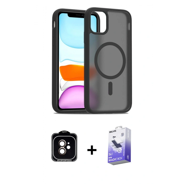 MARSİLYAN™- iPhone 11 Kılıf Siluet Minimal Prime - Siyah Bilvis 5in1 5D Magic Hayalet Cam Ekran Koruyucu + PVD Metal Kamera Lens - TU