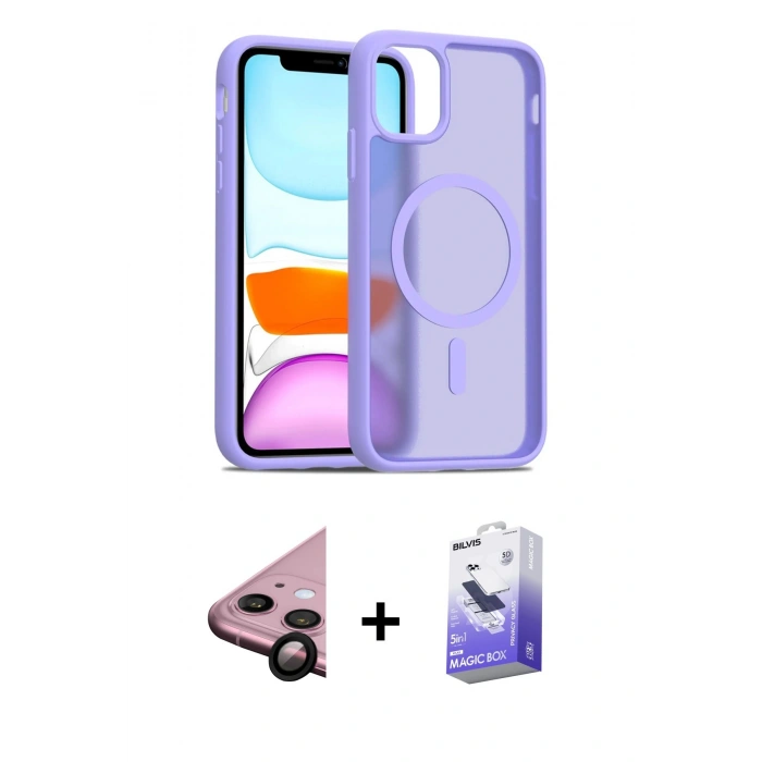 MARSİLYAN™- iPhone 11 Kılıf Siluet Minimal Prime - Siyah Bilvis 5in1 5D Magic Hayalet Cam Ekran Koruyucu + Siyah Raze Metal Kamera Lens