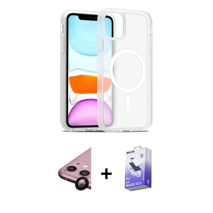 MARSİLYAN™- iPhone 11 Kılıf Siluet Minimal Prime - Siyah Bilvis 5in1 5D Magic Hayalet Cam Ekran Koruyucu + Siyah Raze Metal Kamera Lens