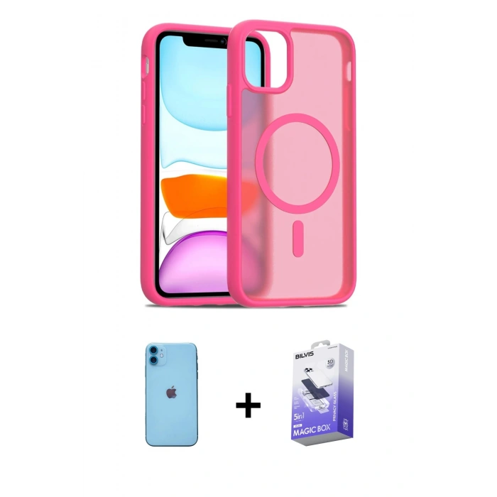 MARSİLYAN™- iPhone 11 Kılıf Siluet Minimal Prime - Siyah Bilvis 5in1 5D Magic Hayalet Cam Ekran Koruyucu + Neon Fosforlu Kamera Lens - MI