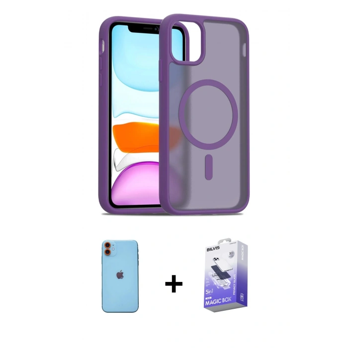 MARSİLYAN™- iPhone 11 Kılıf Siluet Minimal Prime - Siyah Bilvis 5in1 5D Magic Hayalet Cam Ekran Koruyucu + Turuncu Neon Fosforlu Kamera Lens
