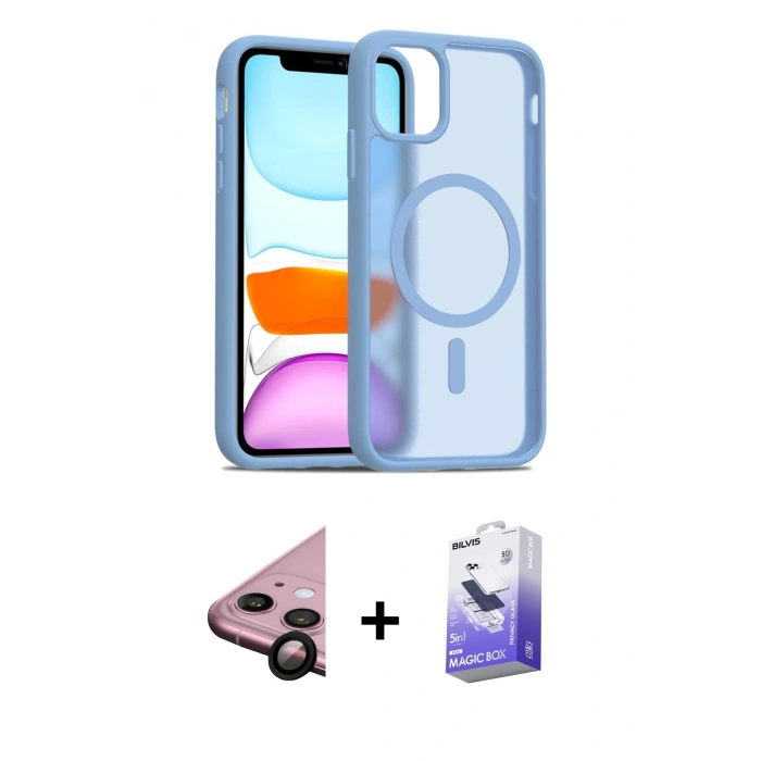 MARSİLYAN™- iPhone 11 Kılıf Siluet Minimal Prime - Siyah Bilvis 5in1 5D Magic Hayalet Cam Ekran Koruyucu + Siyah Raze Metal Kamera Lens