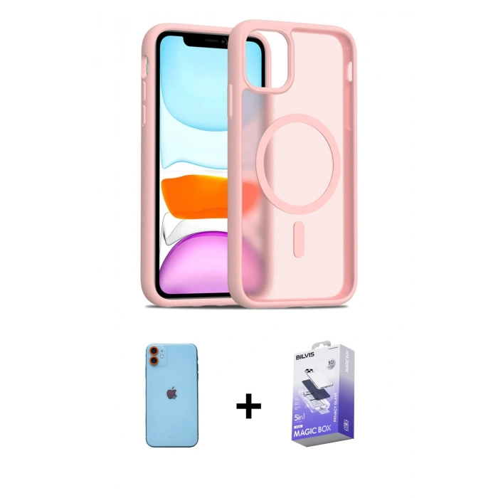 MARSİLYAN™- iPhone 11 Kılıf Siluet Minimal Prime - Siyah Bilvis 5in1 5D Magic Hayalet Cam Ekran Koruyucu + Turuncu Neon Fosforlu Kamera Lens