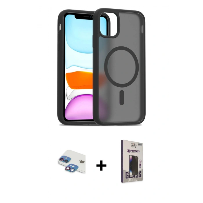 MARSİLYAN™- iPhone 11 Kılıf Siluet Minimal Prime - Siyah Bilvis Hayalet Cam Ekran Koruyucu + Pers Alüminyum Kamera Lens - GI