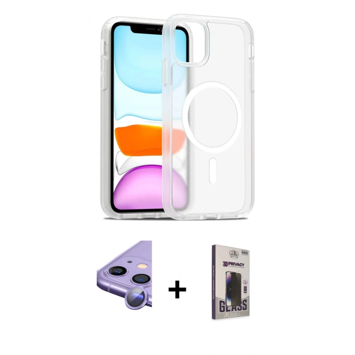 MARSİLYAN™- iPhone 11 Kılıf Siluet Minimal Prime - Siyah Bilvis Hayalet Cam Ekran Koruyucu + Raze Metal Kamera Lens - MR