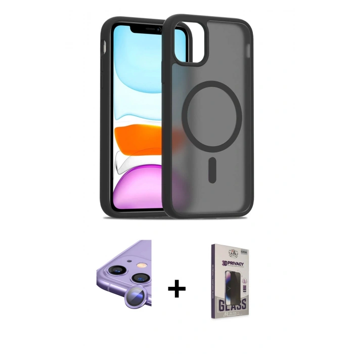 MARSİLYAN™- iPhone 11 Kılıf Siluet Minimal Prime - Siyah Bilvis Hayalet Cam Ekran Koruyucu + Raze Metal Kamera Lens - MR