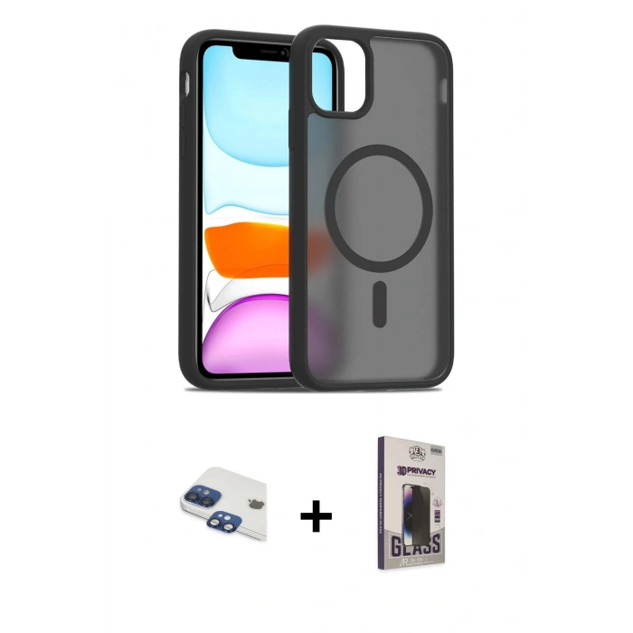 MARSİLYAN™- iPhone 11 Kılıf Siluet Minimal Prime - Siyah Bilvis Hayalet Cam Ekran Koruyucu + Pers Alüminyum Kamera Lens - LT