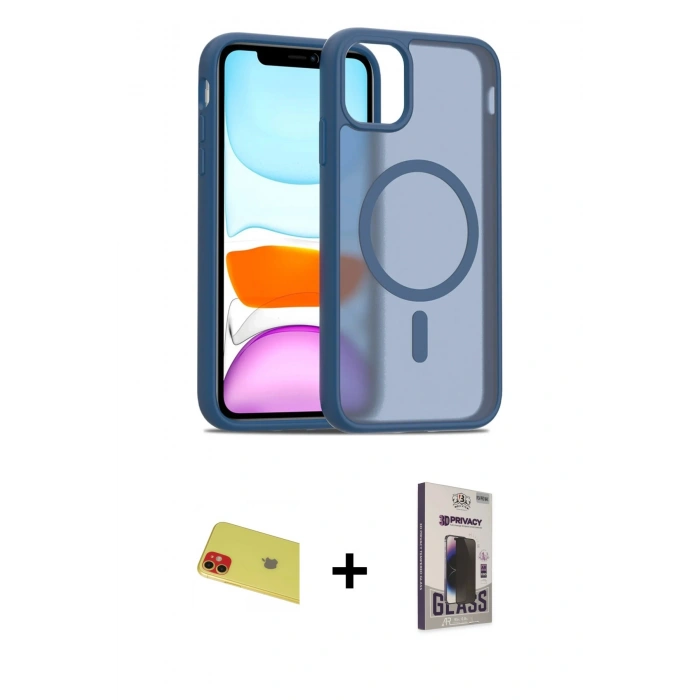 MARSİLYAN™- iPhone 11 Kılıf Siluet Minimal Prime - Siyah Bilvis Hayalet Cam Ekran Koruyucu + Rainbow Kamera Lens Koruma Cam - KI