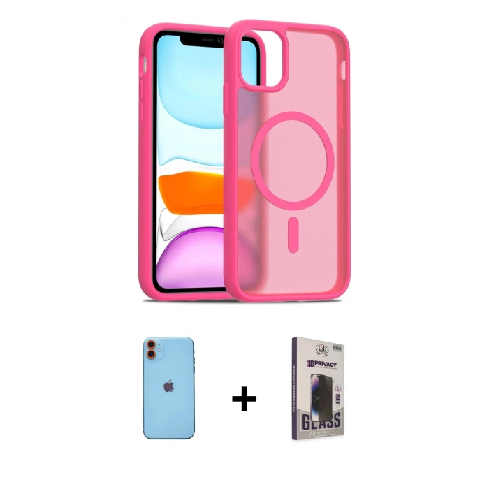 MARSİLYAN™- iPhone 11 Kılıf Siluet Minimal Prime - Siyah Bilvis Hayalet Cam Ekran Koruyucu + Turuncu Neon Fosforlu Kamera Lens