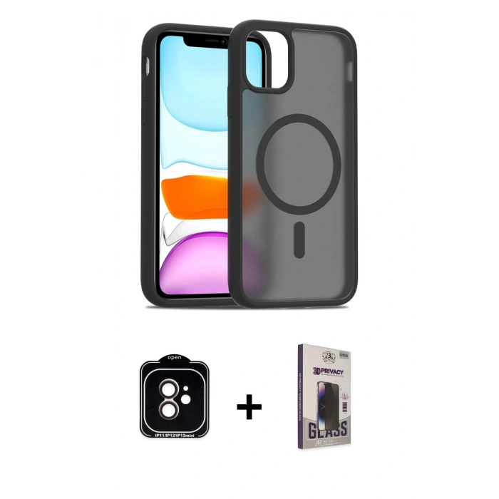 MARSİLYAN™- iPhone 11 Kılıf Siluet Minimal Prime - Siyah Bilvis Hayalet Cam Ekran Koruyucu + PVD Metal Kamera Lens - TU