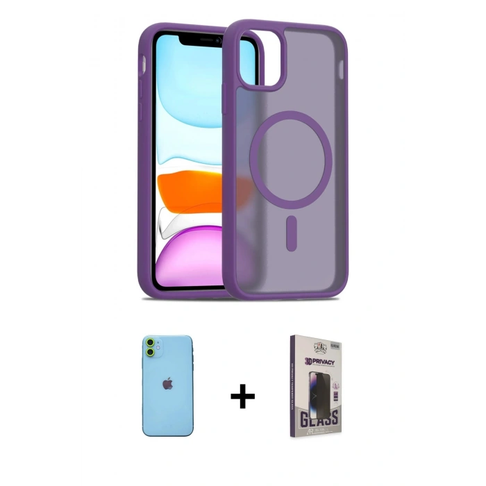 MARSİLYAN™- iPhone 11 Kılıf Siluet Minimal Prime - Siyah Bilvis Hayalet Cam Ekran Koruyucu + Neon Fosforlu Kamera Lens - YL