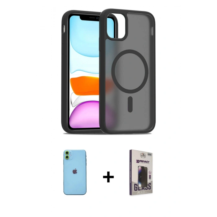 MARSİLYAN™- iPhone 11 Kılıf Siluet Minimal Prime - Siyah Bilvis Hayalet Cam Ekran Koruyucu + Neon Fosforlu Kamera Lens - YL