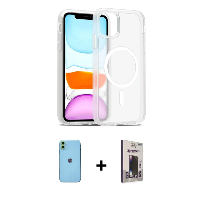 MARSİLYAN™- iPhone 11 Kılıf Siluet Minimal Prime - Siyah Bilvis Hayalet Cam Ekran Koruyucu + Neon Fosforlu Kamera Lens - YL